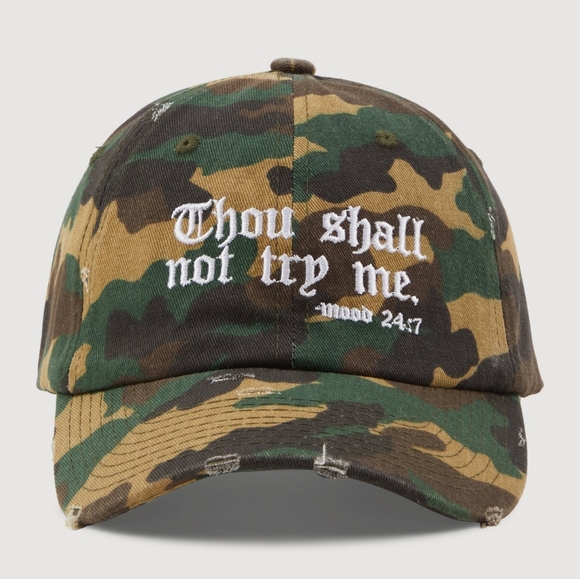 Camouflage Distressed Cap with Embroidered Text Thou Shall Not Try Me Mood: 24/7 - Picture 2 of 3